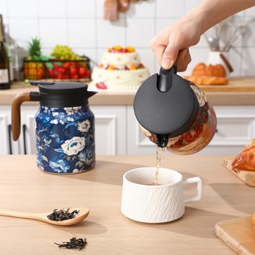 LemonRoad 2 Pcs 35 oz Vintage Floral Pattern Tea Pot with Infuser | Stainless Steel Insulated Tea Pot with Lid and Wooden Handle Thermal Carafe for Hot Drinks Coffee(Red, Blue) - Image 4