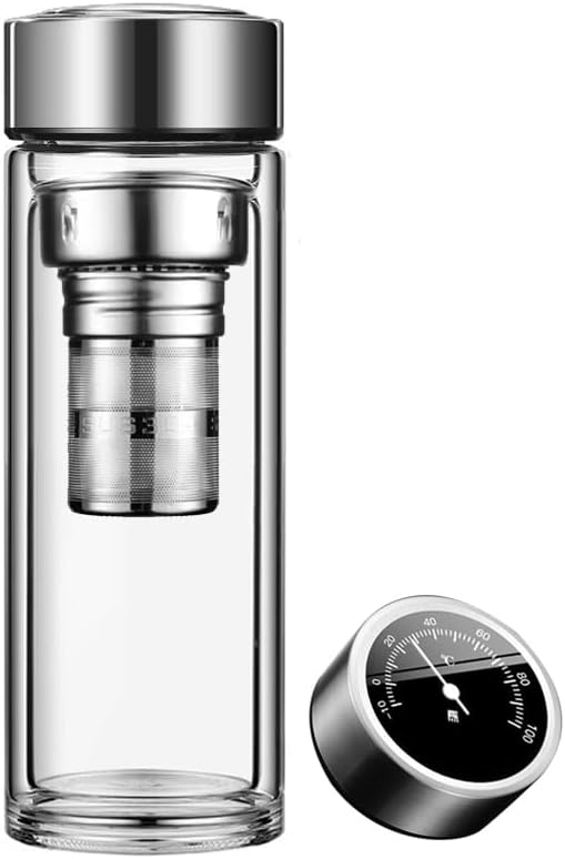 450ml Physical temperature measuring cup lid double-layered glass cup for tea brewing, no battery required, heat-insulating and airtight drinking vessel with filter,home and office water cup by Unknown