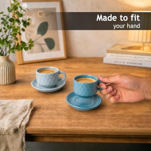 MIAMIO - 6 x 2.5 oz Stoneware Espresso Mug, Cup Set Modern with Stand and Saucers - Palmanova Collection (Ocean Blue) - Image 7