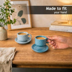 MIAMIO - 6 x 2.5 oz Stoneware Espresso Mug, Cup Set Modern with Stand and Saucers - Palmanova Collection (Ocean Blue) - Image 7