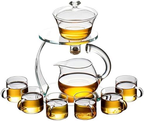 Glass Teapot Set Semi Automatic Drip Rotating with Infuser Chinese Heat-Resistant Lazy Kungfu Tea Set with 6pcs Teacups (Clear) by FIREKIRIN