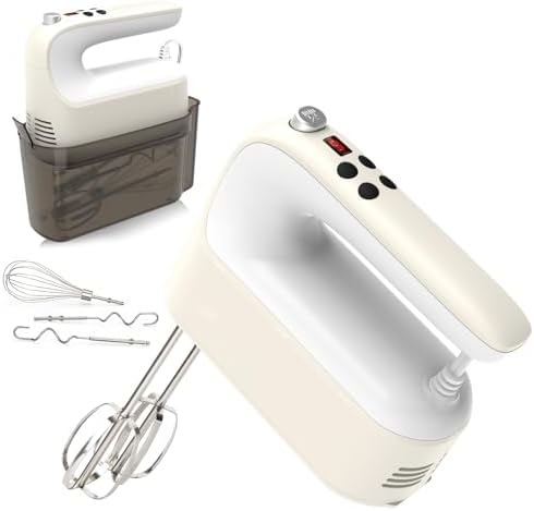 Yomelo 9-Speed Digital Hand Mixer Electric, 400W Powerful DC Motor, Hand Mixer Electric Handheld with Snap-On Storage Case, 5 Stainless Steel Accessories, Beaters, Dough Hooks, Whisk(Cream White) by Yomelo