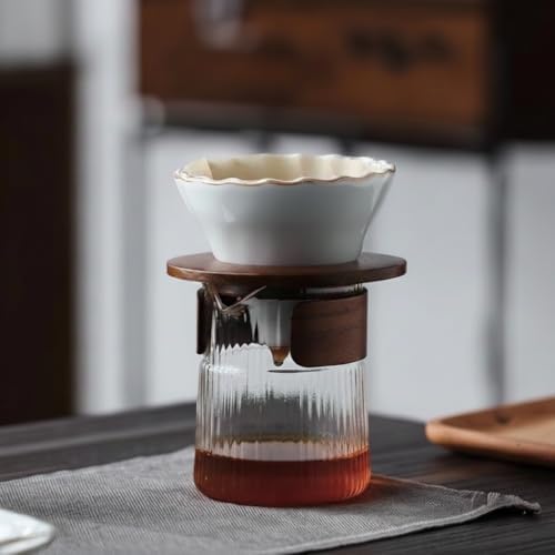 Ceramic Pour Over Coffee Maker Set with Glass Jug, Walnut Wood Base, Heat-Resistant Server, Compatible with 01 Filter Paper (Blue) - Image 3
