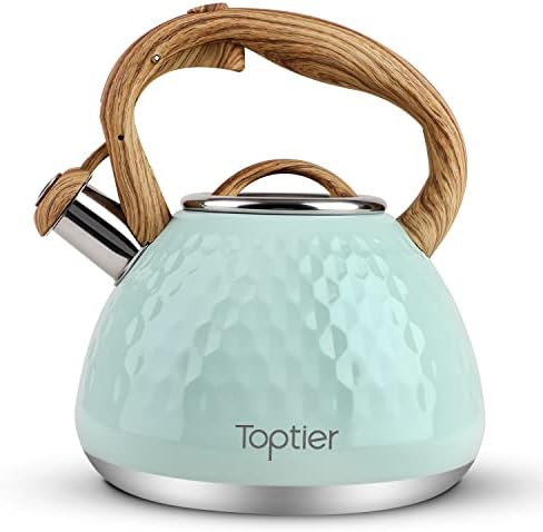 Tea Kettle, Toptier Teapot Whistling Kettle with Wood Pattern Handle Loud Whistle, Food Grade Stainless Steel Tea Pot for Stovetops Induction Diamond Design Water Kettle, 2.7-Quart Light Green by toptier