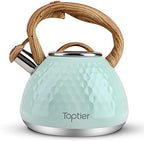 Tea Kettle, Toptier Teapot Whistling Kettle with Wood Pattern Handle Loud Whistle, Food Grade Stainless Steel Tea Pot for Stovetops Induction Diamond Design Water Kettle, 2.7-Quart Light Green by toptier