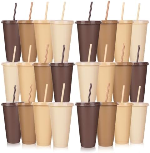 24 Pack Plastic Tumblers with Lids and Straws, Reusable Cups with Lids Plastic Colorful Cups for Parties Birthdays, Iced Coffee Cup Cold Drink Cups Bulk Tumblers (24 oz, Gradient Khaki Colors) by LEIFEOSH