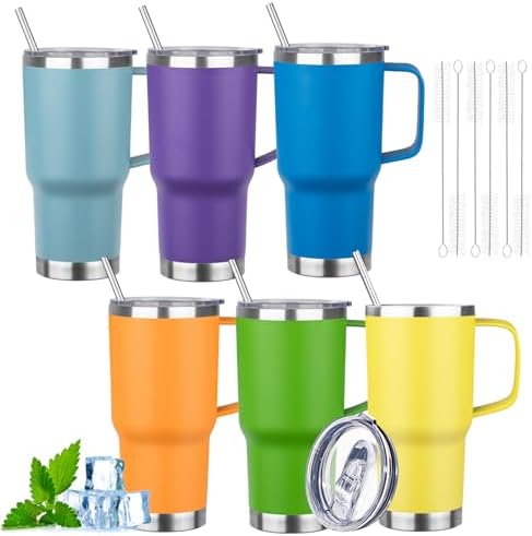 20oz Insulated Tumbler with Handle Stainless Steel Travel Coffee Mug with Lid and Straw Double Wall Vacuum Leak-proof Reusable Thermal Water Cup for Hot and Cold Drinks (Multicolor-9,6 Pack) by FristChoice