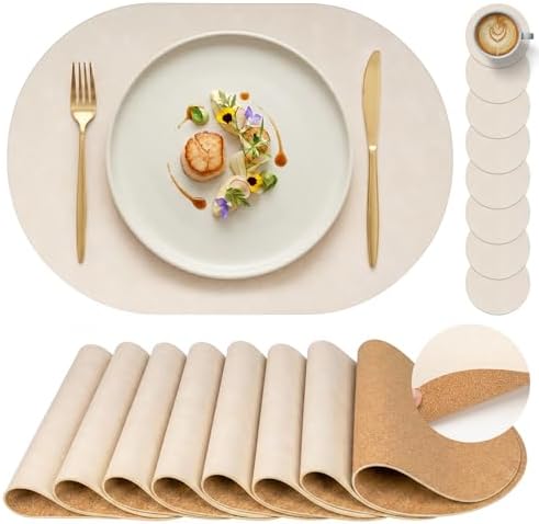 Premium Oval Faux Leather Placemat & Coaster Set with Innovative Cork-Look Printed Base，4/6/8-Piece Sets & 8 Colors，Non-Slip Dining Table Mats for Kitchen Dining by Promattoo