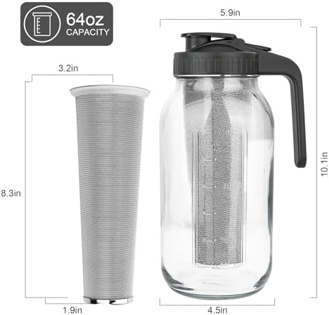Cold Brew Coffee Maker, 64 oz Mason Jar Pitcher with Stainless Steel Filter, Pour Spout Handle Lid, Airtight & Leak-Proof for Iced Coffee,Tea & Lemonade -2pack - Image 3