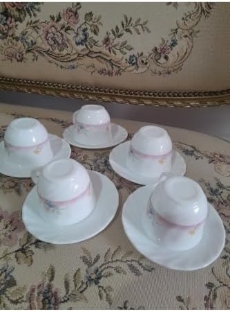 SODEF Set of 5 Arcopal Style Glass Cups and Saucers, White, 1 Liter Capacity, Vintage Design, Durable Porcelain Alternative for Coffee or Tea, appropriate for Home Kitchenware Collection - Image 3