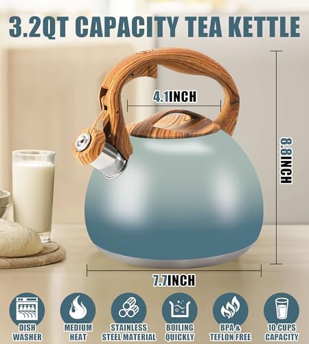 3.2Qt Stainless Steel Whistling Tea Kettle Stovetop, Grayish Blue - Image 4