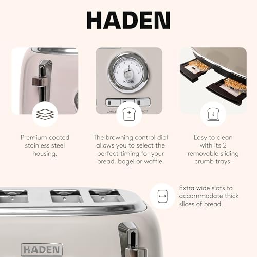 Haden Dorset 4-Slice Wide-Slot Toaster, Stainless-Steel Bread Toaster with Adjustable Browning Control, Crumb Tray & Non-Slip Feet, Putty & Chrome - Image 3