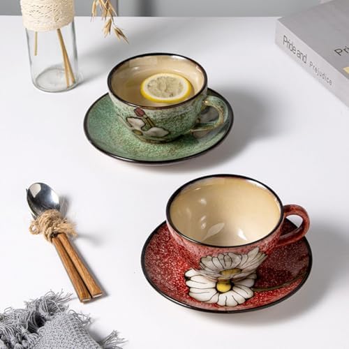 Cappuccino Cups with Saucers Set of 4 – 8oz Ceramic Coffee Cups, Latte Espresso Mugs with Floral Design, Colorful Coffee Cup Set for Cappuccino, Latte, Mocha (4 colors) - Image 5
