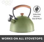 OGGI Tea Kettle for Stove Top - 64oz / 1.9lt, Stainless Steel with Loud Whistle & Stay-Cool Wood Handle, Ideal Hot Water Kettle and Water Boiler - Green - Image 2