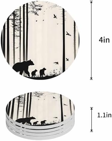 Coasters for Drinks Set of 8 Abstract Forest Walking Bear Bird Silhouette Natural Scenery Ceramic Cup Mat, Absorbent Ceramic Stone Coasters with Cork Base for Coffee Cups Table Home Decor 4 Inch - Image 5