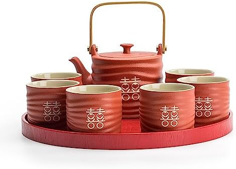 Chinese Porcelain Wedding Tea Cup Teapot Set, Ceramic Tea Set for Wedding Party Housewarming Home Decoration (1 teapot 6 tea cups 1 round tray) - Image 2