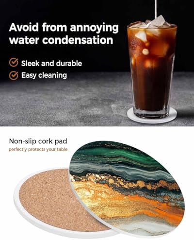 Coasters for Drinks Set of 6 with Holder Green Ombre Yellow Marble Texture Wave Natural Gradient Ceramic Cup Mat, Absorbent Ceramic Stone Coasters with Cork Base for Coffee Cups Home Decor 4 Inch - Image 7
