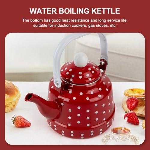Toyvian Red Polka Dot Enamel Tea Kettle 7.87X5.51X5.51 in Stovetop Water Boiling Pot for Gas Stove Induction Cooker Heating Tea and Mulled Wine at Home - Image 2