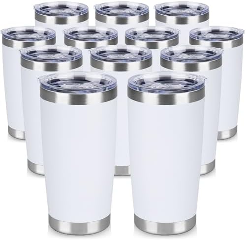 20 oz Tumbler Stainless Steel Tumblers Bulk with Lid Double Wall Insulated Coffee Tumbler Cups for Hot & Cold Drinks Powder Coated Travel Coffee Tumbler Mug Metal (White, 12 pack) by VQRRCKI