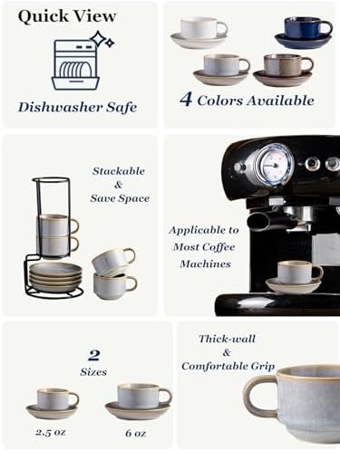 Gomakren 2.5 Ounce Espresso Cups Set of 4, Small Stackable Coffee Cups with Saucers and Metal Stand & 6.5 Inch Ceramic Chinese Soup Spoons for Cereal, Ramen - Image 6