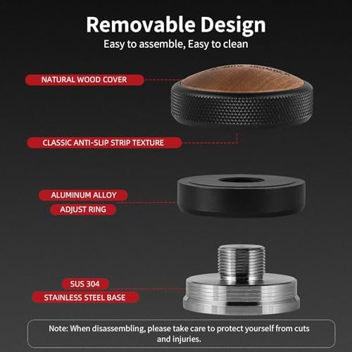 MHW-3BOMBER Espresso Coffee Distributor 51mm, Espresso Distribution Tool with Wooden Lid, Adjustable Height Coffee Leveler with Non-slip for 51mm Portafilters, Espresso Accessories T6095L4 - Image 5