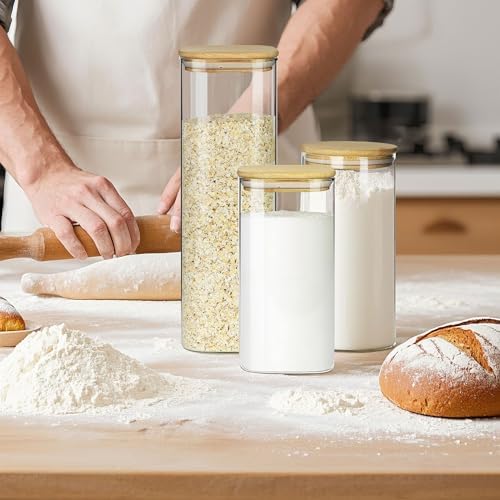 Glass Storage Containers with Airtight Bamboo Lids Set of 3,Pantry Food Glass Jar with Lid,Perfect for Kitchen Organization-Flour,Rice,Pasta,Sugar,Coffee Beans,Accessories Included (3 packs(68oz)) - Image 6