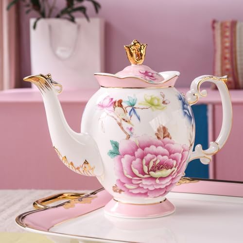 21-Piece Bone China Tea Set for 6, Vintage Floral Bird Porcelain Tea Set, Pink Tea Cups with Teapot, Sugar Bowl, Creamer & Saucers, Gold Trim, Ideal Gift for Women & Tea Lovers - Image 3