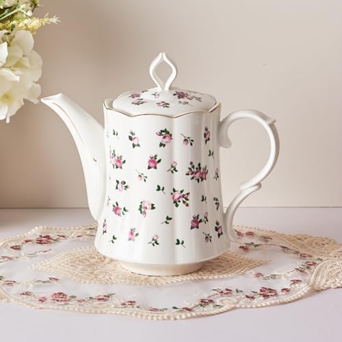 Vintage Floral Tea Pot with Infuser, 45oz, Ceramic Teapot with Tea Strainers for Loose Leaf Tea, Rose Teapots for Tea Party by Ursword