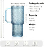 20 oz Blue Glass Tumbler with Lid and Straw, Glass Iced Coffee Cups, Spill-proof Glasses Tumbler with Handle, Hobnail Glasses Drinking Set of 4, Vintage Glassware for Cocktail, Smoothies - Image 2