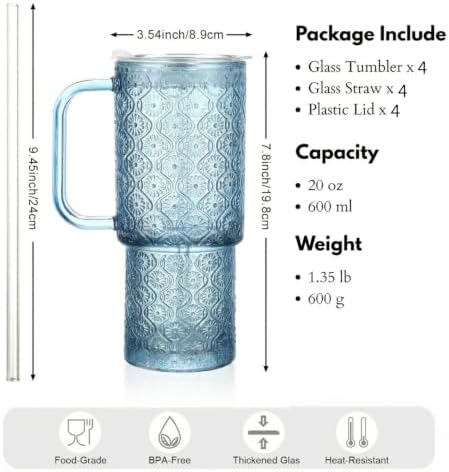 20 oz Blue Glass Tumbler with Lid and Straw, Glass Iced Coffee Cups, Spill-proof Glasses Tumbler with Handle, Hobnail Glasses Drinking Set of 4, Vintage Glassware for Cocktail, Smoothies - Image 2
