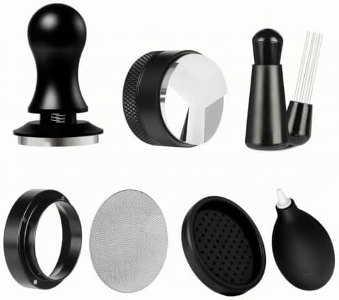 Yajuyi 7 Pieces Coffee Machine Tamper Espresso Tamper Distributor Leveler Mesh Screen Air Blower Small Brush Stainless Steel, Round Head Scale Powder Tamper 7-Piece Set, 53mm by Yajuyi