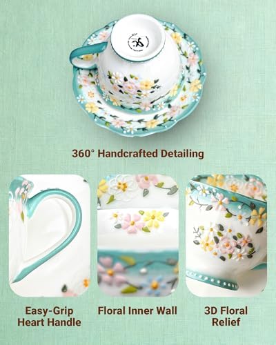 8oz Bone China Tea Cup and Saucer Set, Azure Bloomfield - Image 5