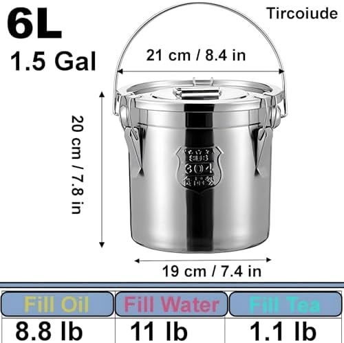 1.6Gal Small 304 Stainless Steel Containers with Lid, 202oz Airtight Flour Container Kitchen, 5-10lbs Metal Airtight Canisters Milk Jug Coffee Bean Canisters w/Locking Clamp 6L (Handheld) - Image 2