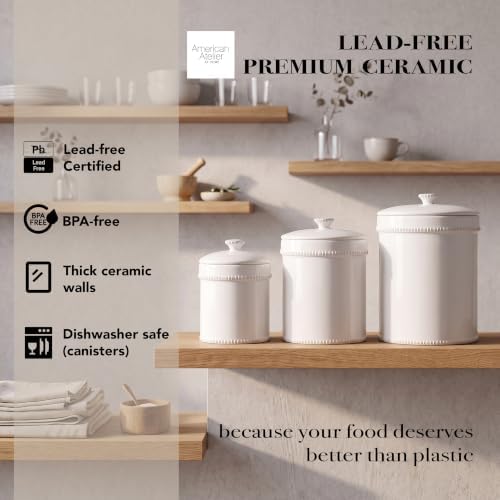 American Atelier Kitchen Ceramic Canister w/Lids Bianca Dash White, 3PC - Image 4