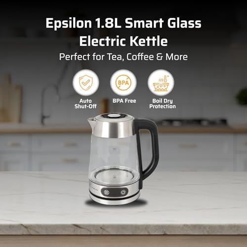 Epsilon 1.8L Glass Electric Kettle – Hot Water Tea Kettle with Borosilicate Glass & Stainless Steel, Auto Shut-Off, Fast Boil 1100W Electric Teapot, BPA-Free, Cool Touch Base - Image 2