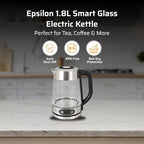Epsilon 1.8L Glass Electric Kettle – Hot Water Tea Kettle with Borosilicate Glass & Stainless Steel, Auto Shut-Off, Fast Boil 1100W Electric Teapot, BPA-Free, Cool Touch Base - Image 2