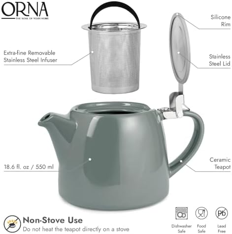 ORNA Ceramic Teapot with Tea Infuser – Small Tea Pot for Loose Leaf Tea – 550ml / 18.6 Oz Porcelain Non-Stove Teapot for 2 Cups with Tea Strainer (Grey) - Image 2