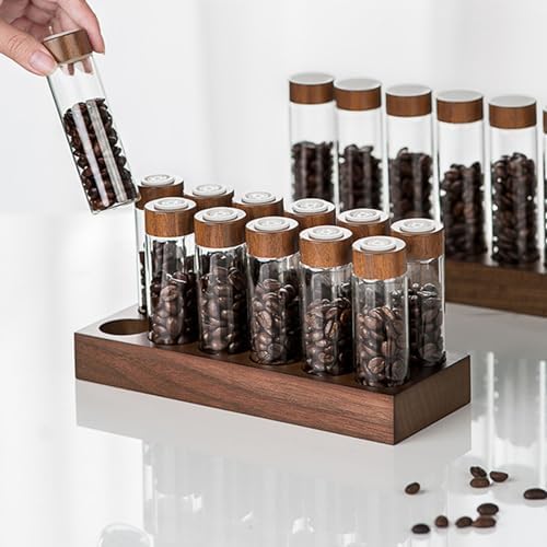 Coffee Bean Storage Tubes,12PCS Glass Vials w/Valve Cap,Wooden Stand&Funnel for Single Dose Brewing,22g Capacity Container - Image 2