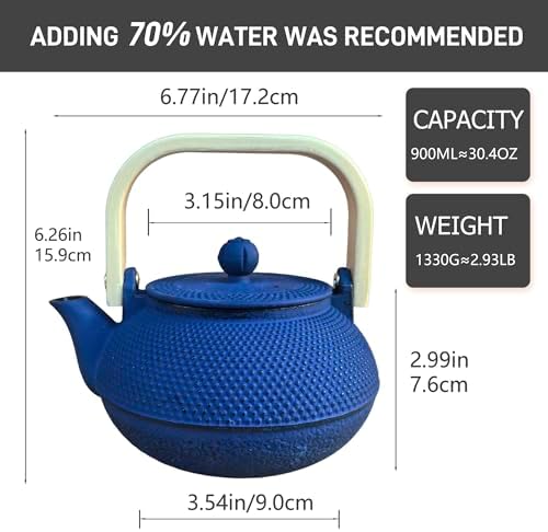 30.4oz Small Tea Kettle, Blue Cast Iron Teapot with Infuser - Image 7