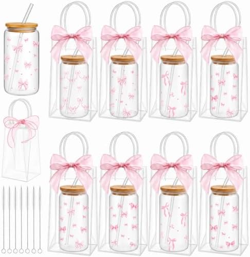 Mumufy 8 Sets Pink Bow Cute Glass Cups Bulk with Lids Straws, 16 Oz by Mumufy
