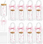 Mumufy 8 Sets Pink Bow Cute Glass Cups Bulk with Lids Straws, 16 Oz by Mumufy