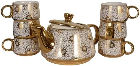 Porcelain Tea Set with 1 Kettle, 6 Piece Tea Cup Set, Aesthetic Classic Teaware Set for Home, Kitchen Decor & Gifting (Florita Golden) by Unknown