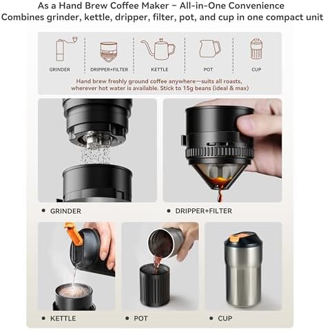 Portable Pour Over Coffee Maker, Rechargeable Electric Grinder with Stainless Steel Conical Burr, Integrated Hand Brew Kit with Stainless Steel Filter Dripper & Travel Mugs, for Camping, Outdoors - Image 4