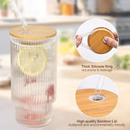 16Oz glasses drinking set of 4,Ribbed Glass Cups With Lids And Straws,Glass Tumbler With Lid for Beer, Juice, Water, Iced coffee Cup,Whiskey - Image 3