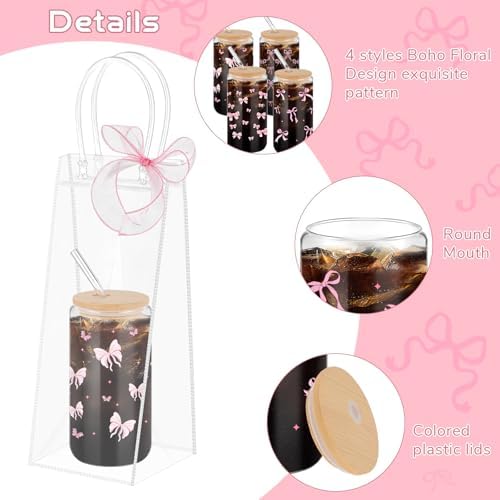 Mumufy 8 Sets Pink Bow Cute Glass Cups Bulk with Lids Straws, 16 Oz - Image 3