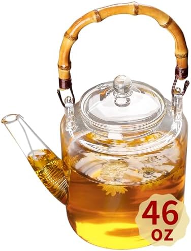1350ml/46OZ Glass Teapot with Removable Infuser and Lid, Stovetop Safe, Glas Tea Pot for Blooming and Loose Leaf Tea Maker by Unbreakable