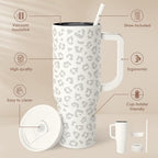 SANDJEST Leopard Tumbler with Handle, Insulated Cup Stainless Steel Travel Mug Cup, Gifts for Women Girl on Birthday Christmas, Cream Leopard, 40oz - Image 2