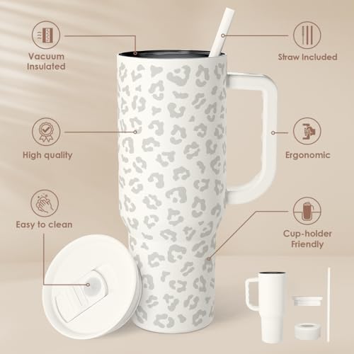 SANDJEST Leopard Tumbler with Handle, Insulated Cup Stainless Steel Travel Mug Cup, Gifts for Women Girl on Birthday Christmas, Cream Leopard, 40oz - Image 2