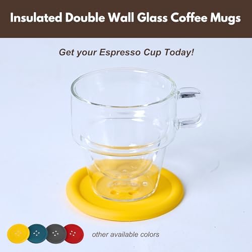 Clear Glass Coffee Mugs with Silicone Button Coasters - Insulated Espresso Cups Set of 4 - Double Walled Espresso Glasses for Tea & Coffee Bar Accessories - Double Wall Cappuccino Cup Set (12 oz) - Image 7