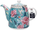 London Pottery Classic Ceramic Bell -shaped Teapot, 1 Litre (33.8 Fl oz), Teal Floral, Vintage Flowers and Butterfly Patterns, Stainless Steel Tea Infuser, English Style Tea Pot for Afternoon Tea by LondonPottery